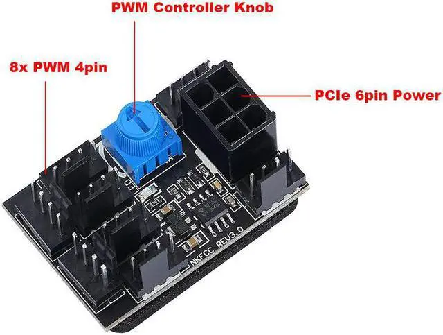 Alt view image 5 of 6 - PWM 4 Pin Fan Controller Hub 17A High-Power 8 Ports 4Pin CPU Case Cooler Fan Speed Splitter Adapter, Power by PCIe 6-Pin 12V Connector - Compatible with 2Pin & 3Pin Fan