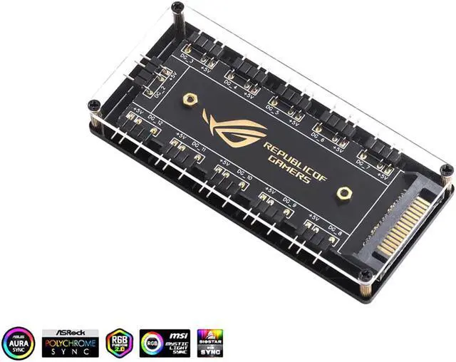 Alt view image 2 of 7 - EnLabs AURA SYNC 5V 3-pin RGB 10 Hub Splitter w/ PMMA Case, SATA Power 3pin ARGB Adapter Extension Cable for ASUS GIGABYTE MSI ASRock RGB LED Strip Lighting,Fans & Cooler- 1FT Extension Cable Included