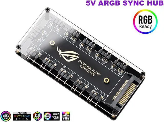 Alt view image 4 of 7 - EnLabs AURA SYNC 5V 3-pin RGB 10 Hub Splitter w/ PMMA Case, SATA Power 3pin ARGB Adapter Extension Cable for ASUS GIGABYTE MSI ASRock RGB LED Strip Lighting,Fans & Cooler- 1FT Extension Cable Included