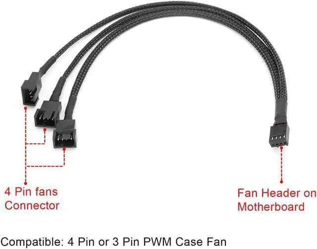 Alt view image 6 of 6 - Black Net Jacket Sleeved 10 inch PWM 4pin 1 to 3 4-pins Fan Splitter Hub Power Fan-out Adapter Cable,Motherboard PMW 4-pin header 1x3 Fan-Out Power Cable - 10"