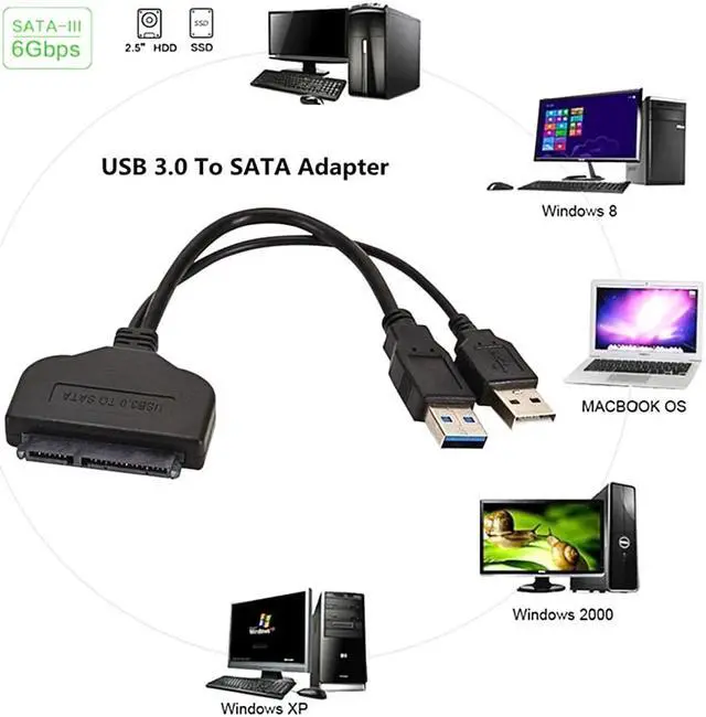 Alt view image 6 of 6 - 6-inches Super Speed USB 3.0 To SATAIII 6Gbps 22 Pin 2.5 Inch Hard Disk Driver Adapter Cable Converter w/ Reserved USB Power Cable, SATA to USB 3.0 Converter w/UASP for SSD/HDD