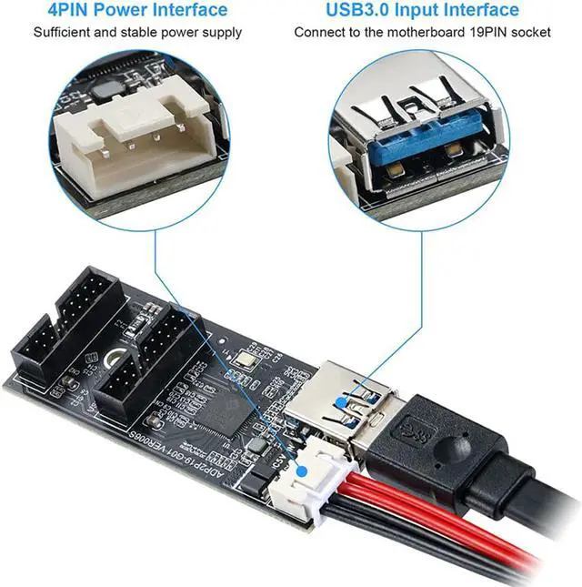 Alt view image 6 of 7 - Internal USB 3.0 Hub, Motherboard USB 19/20P to Dual Male Headers Extension Hub Splitter Adapter,Convert MB USB 3.2 Gen1 Male to 2 Ports - 1.3FT USB 19-pin Internal Cable