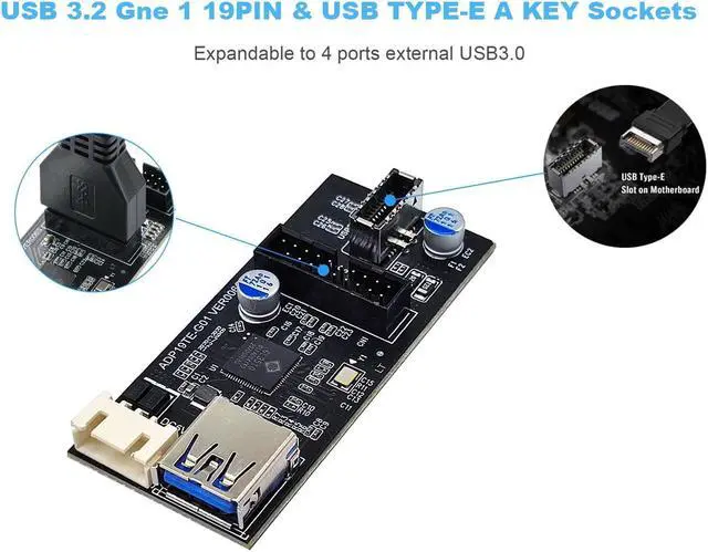 Alt view image 6 of 7 - Motherboard Internal USB 3.0 20Pin/19P Header to USB 3.2 Type-E A-Key and USB3 20 Pin Hub Splitter, Convert MB USB 19Pin Male to 2 Ports Expansion Card - 1.3FT USB 19-pin Internal Cable