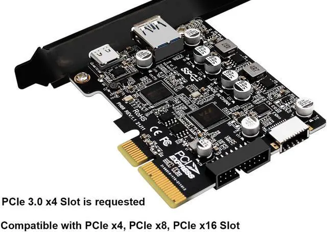 Alt view image 5 of 7 - USB C 10Gbps PCIe 3.0 Card,PCI Express x4 to USB 3.2 Type-C and Type-A 10Gb/s with Type-E A Key & USB 3.0 20Pin Motherboard Header Expansion Card for Front Panel w/ Full-Profile & Low-Profile Bracket