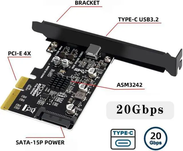 Alt view image 4 of 7 - USB C 20Gbps PCIe 3.0 Card,PCI Express x4 to USB 3.2 Gen2X2 Type-C Expansion Card with Full-Profile & Low-Profile Bracket,USB 3.2 20Gb/s to PCIe Add On Card Adapter - SATA Powered