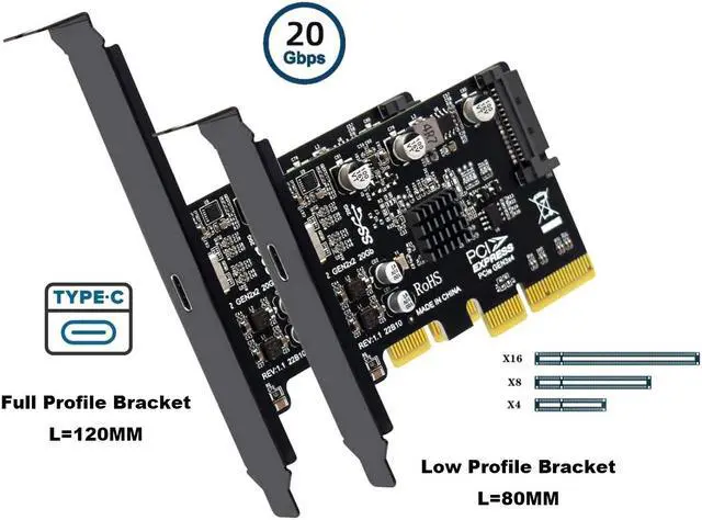 Alt view image 3 of 7 - USB C 20Gbps PCIe 3.0 Card,PCI Express x4 to USB 3.2 Gen2X2 Type-C Expansion Card with Full-Profile & Low-Profile Bracket,USB 3.2 20Gb/s to PCIe Add On Card Adapter - SATA Powered