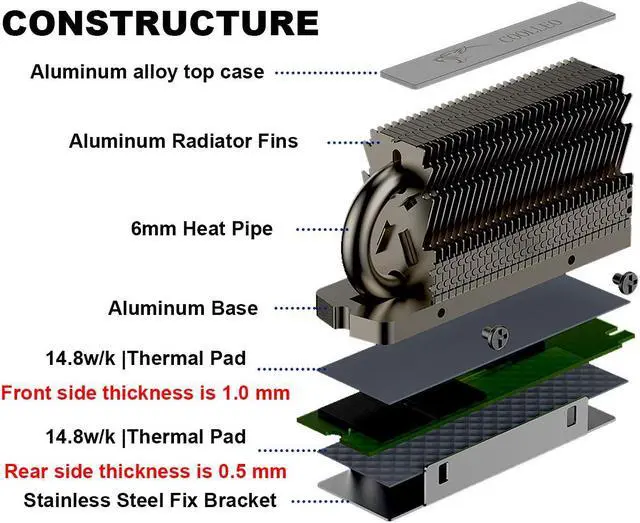 Alt view image 6 of 7 - M.2 2280 SSD Heat Sink, 6mm Copper Heat Pipes, Aluminum Radiator Fin Design for PCIE M2 NVME or SATA NGFF SSD with 14.8 w/k Silicone Thermal Pads