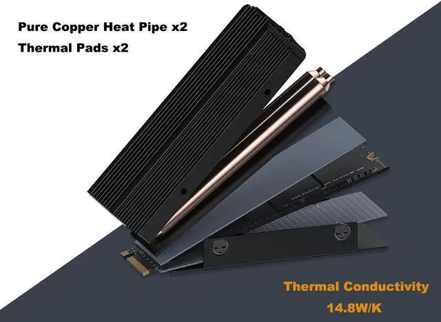 Alt view image 5 of 7 - M.2 2280 NVMe SSD Heatsink Almunum Heat Sink, with 2x 6mm Copper Heat Pipe & 14.8w/k Thermal Silicone Pads for PC NGFF M2 / PS5 Cooling Radiator