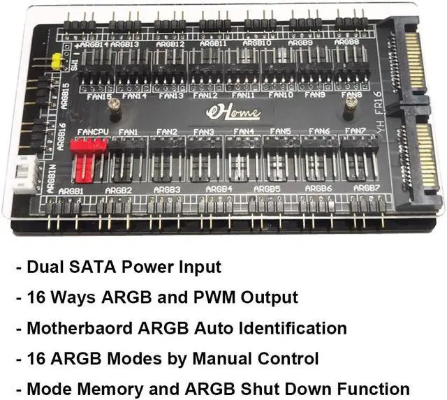 Alt view image 4 of 7 - 12V 4Pin PWM Hub & 5V 3Pin ARGB Controller with SATA 15Pin Power 2-in-1 16 Way Sync CPU Cooling Fan Addressable RGB Lighting PCB Splitter for Extended Motherboard Interface & LED Strip -Black