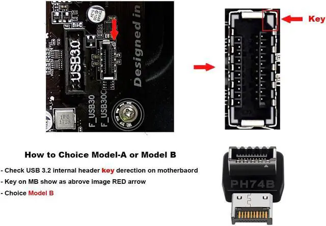 Alt view image 6 of 7 - USB 3.2 Internal Header Adapter, Motherboard Type-E 90 Degree Angled Male to Female Connector for USB-C 10G 20G Port Front Panel Rear Bracket Cable-Model-B