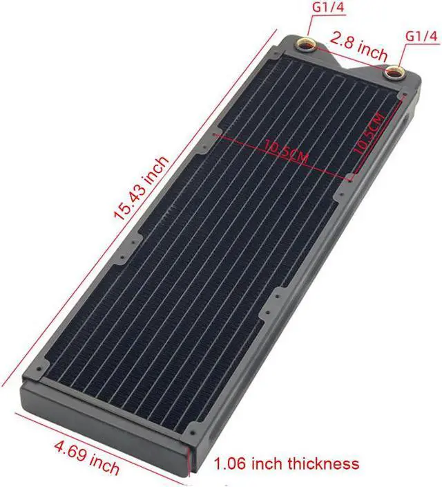 Alt view image 2 of 6 - 360mm Water Cooling Radiator, 12 Tubes Copper Water Cooler for Computer CPU Heat Sink - Liquid Heat Exchanger Dual G1/4 Thread, 1.06 inch Thickness, Black