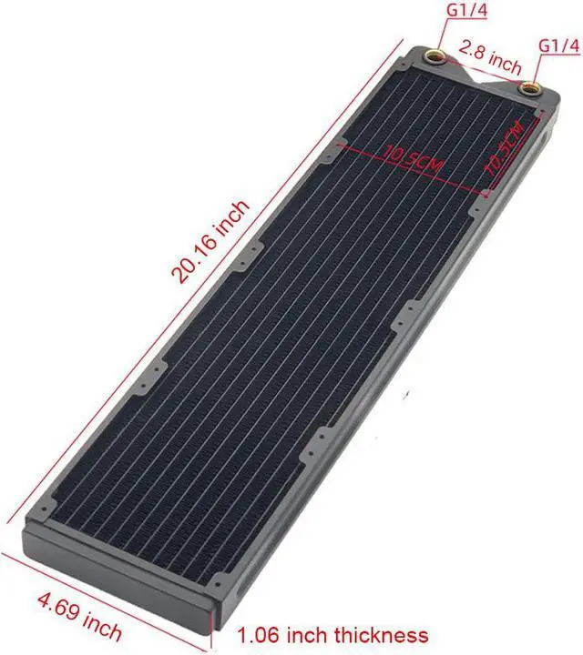 Alt view image 2 of 6 - 480mm Water Cooling Radiator, 12 Tubes Copper Water Cooler for Computer CPU Heat Sink - Liquid Heat Exchanger Dual G1/4 Thread, 1.06 inch Thickness, Black