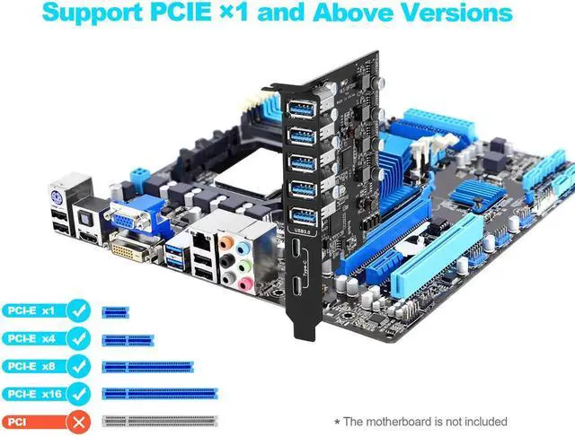 Alt view image 3 of 6 - PCI-E to USB 3.0 7-Ports(2X USB-C - 5X USB-A) Expansion Card,PCI Express x1 to USB Type-C 5Gbps Add On Card Hub Converter for Desktop w/ Full-Profile Slot Cover,Support Windows10/8,MAC OS 10.8.2 Above