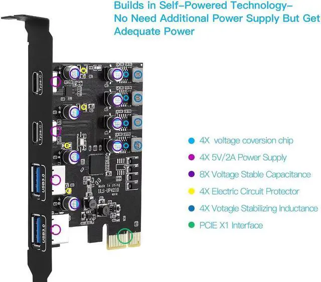 Alt view image 5 of 7 - PCIe to 4 Port USB 3.0 (2X Type-C - 2X USB-A) Expansion Card,PCI Express X1 to USB 3.2 Gen1 5Gbps Hub Add on Card,Support Windows 10/8/7/XP and MAC OS 10.8.2 Above