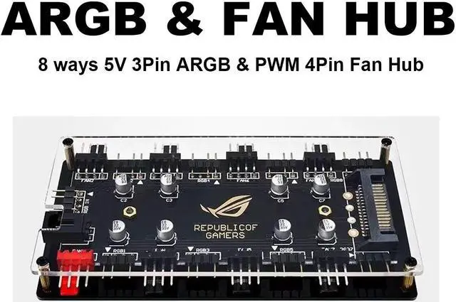 Alt view image 3 of 5 - 4Pin PWM Hub & 5V 3Pin ARGB with SATA Power 2-in-1 8 Way Sync CPU Cooling Fan Addressable RGB Lighting PCB Splitter for Extended Motherboard Interface & LED Strip -PMMA Case