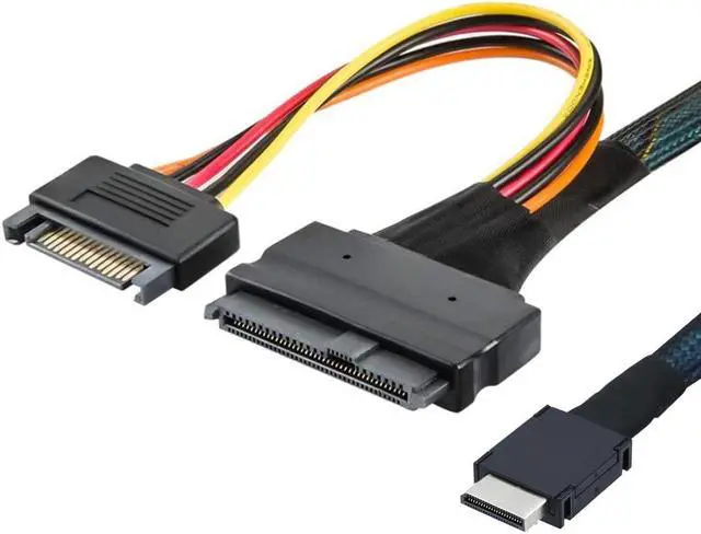 Alt view image 2 of 5 - PCIE Gen 4 Oculink SFF-8611 4I to to U.2 U.3 SFF-8639 NVME PCI-Express SSD Cable with SATA Power -12Gb/s SFF8611 Host to SFF8639 Device ,Sleeved Black ,1.64FT