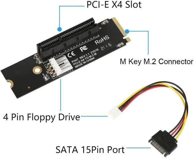 Alt view image 4 of 7 - NVMe M.2 M-Key to PCIe X4 Expansion Card Adapter,M.2 Interface to PCI Express Slot with LED Indicator & SATA 15pin Power