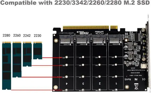 Alt view image 4 of 7 - Quad M.2 NVME SSD to PCIe 4.0/3.0 x16 Expansion Card,4-Drive M-Key SSD 4x32Gbps Soft Raid Card with LED Indicator for 2280/2260/2242/2230 PCIe-Base M2 SSD