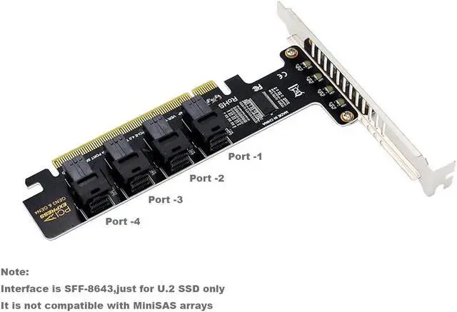 Alt view image 4 of 7 - Quad U.2 NVME SSD to PCIe 4.0/3.0 x16 Expansion Card,4-Drive U.2 SSD 32Gbps Card with LED Indicator,PCIe x16 to SFF-8643 for SFF-8639 U.2 HDD with Full Profule and Low Profile PCI Brackets