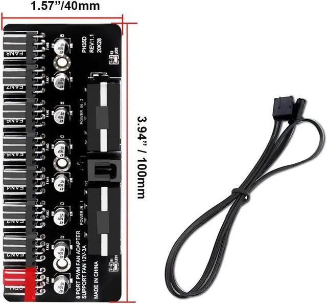 Alt view image 5 of 6 - 8 Ports 12V/2A High Power Chassis Fan Hub,4 Pin PWM CPU Cooler / Case / Chasis Cooling Fan Power Cable Splitter Adapter w/Self-sticker,Power by Dual Molex,Compatible with 3pin & 4pin Fans