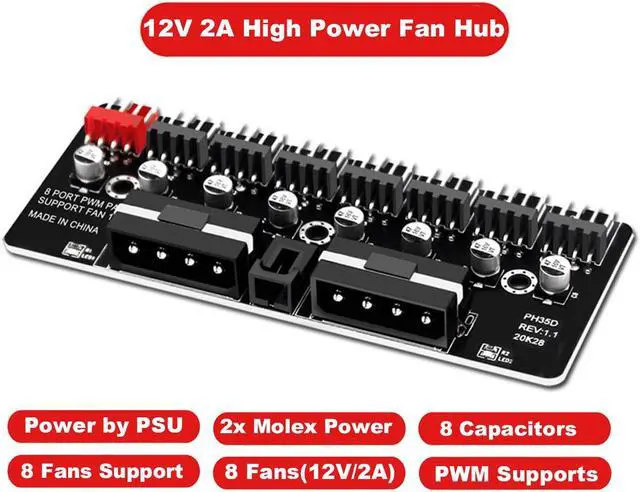 Alt view image 3 of 6 - 8 Ports 12V/2A High Power Chassis Fan Hub,4 Pin PWM CPU Cooler / Case / Chasis Cooling Fan Power Cable Splitter Adapter w/Self-sticker,Power by Dual Molex,Compatible with 3pin & 4pin Fans