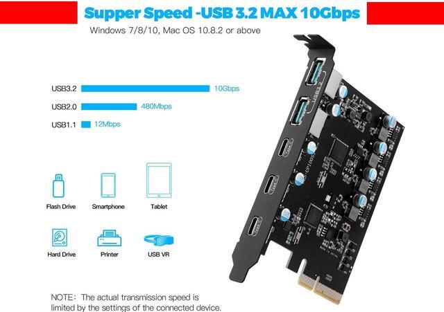 Alt view image 5 of 7 - PCIe 3.0/4.0 to 10Gbps USB 3.2 Gen2 Expansion Card,5-Ports (3x USB Type-C,2x USB A)  to PCI Express x4 PC Internal USB Hub for Windows 10/8/7 Linux and MAC OS 10.8.2 above with Full-Profile Slot Cover