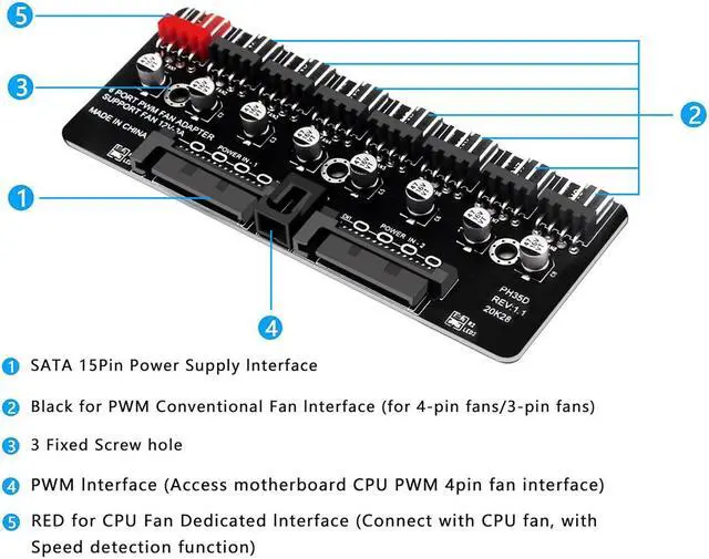 Alt view image 3 of 7 - 8 Ports 12V/2A High Power Chassis Fan Hub,4 Pin PWM CPU Cooler / Case / Chasis Cooling Fan Power Cable Splitter Adapter w/Self-sticker,Power by Dual SATA 15Pin,Compatible with 3pin & 4pin Fans