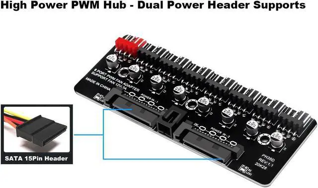 Alt view image 4 of 7 - 8 Ports 12V/2A High Power Chassis Fan Hub,4 Pin PWM CPU Cooler / Case / Chasis Cooling Fan Power Cable Splitter Adapter w/Self-sticker,Power by Dual SATA 15Pin,Compatible with 3pin & 4pin Fans