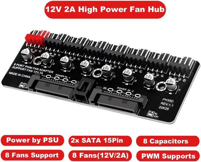 Alt view image 2 of 7 - 8 Ports 12V/2A High Power Chassis Fan Hub,4 Pin PWM CPU Cooler / Case / Chasis Cooling Fan Power Cable Splitter Adapter w/Self-sticker,Power by Dual SATA 15Pin,Compatible with 3pin & 4pin Fans