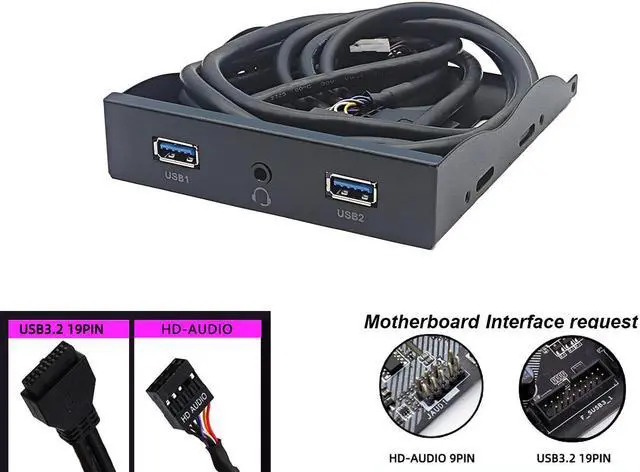 Alt view image 4 of 6 - EnLabs FP35U34AP PC Case 3.5 inch front panel 2 Ports USB 3.0 USB Hub w/ HD Audio & Mic Combo Header 4Pin,Motherboard USB 19-Pin to 2 Female Adapter Cable - 2 FT