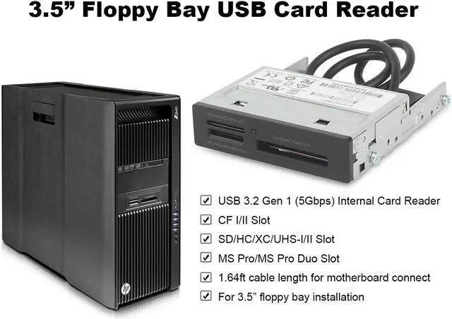 Alt view image 5 of 5 - 3.5" Floppy Drive Internal Card Reader USB 3.2 GEN1 5Gbps SD,CF,MS,XD Desktop Card Reader USB Flash Memory Reader Front Panel for Desktop Z240 Z440 Z640 Z840,1.64ft Cable Length