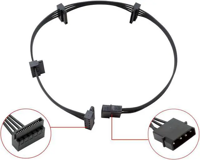 Alt view image 3 of 7 - 20 inch Molex 4-pin Male to 4 x SATA 15-pin 90-Degree Power Splitter Internal Cable for HDD,SSD ,DVD-ROM ,Black
