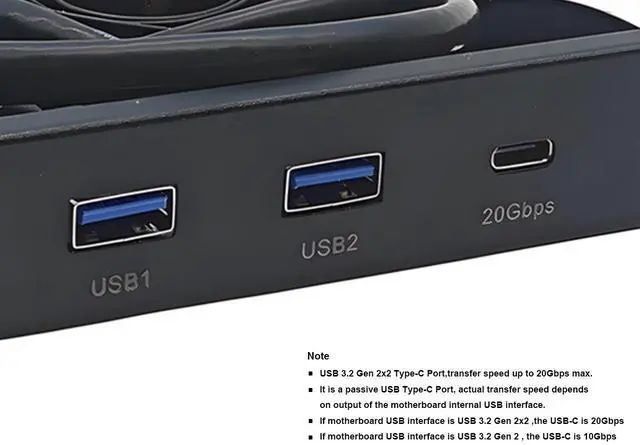 Alt view image 6 of 7 - 5.25 Inch USB-C Front Panel Hub of 20Gbps USB 3.2 Gen 2x2 Type-C and 2x USB 3.0 Ports, Motherboard USB 20-Pin & USB 3.2 Type-E Headers Required, Fits 5.25" PC Computer Case - 2ft Cable Length