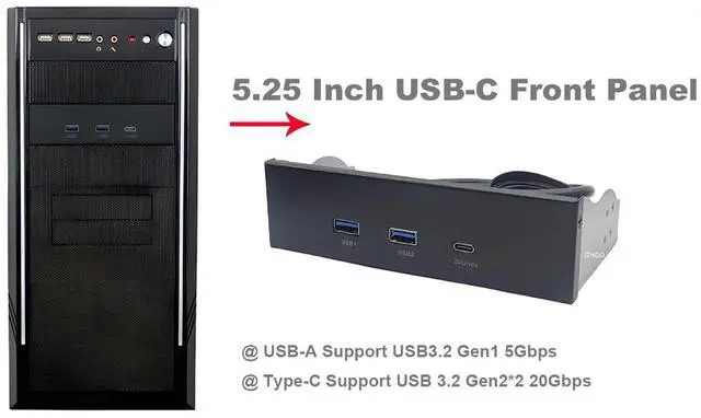 Alt view image 7 of 7 - 5.25 Inch USB-C Front Panel Hub of 20Gbps USB 3.2 Gen 2x2 Type-C and 2x USB 3.0 Ports, Motherboard USB 20-Pin & USB 3.2 Type-E Headers Required, Fits 5.25" PC Computer Case - 2ft Cable Length