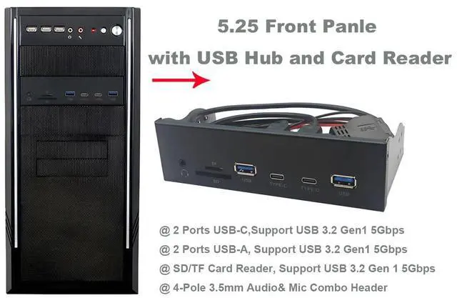 Alt view image 7 of 7 - 5.25" Front Panel USB 3.2 Gen1 5Gbps Hub - 2x Type C & 2 x USB-A ,USB 3.0 SD/Micro SD/TF Internal Card Reader with 4-Pole 3.5mm HD-Audio for Optical Drive Bay