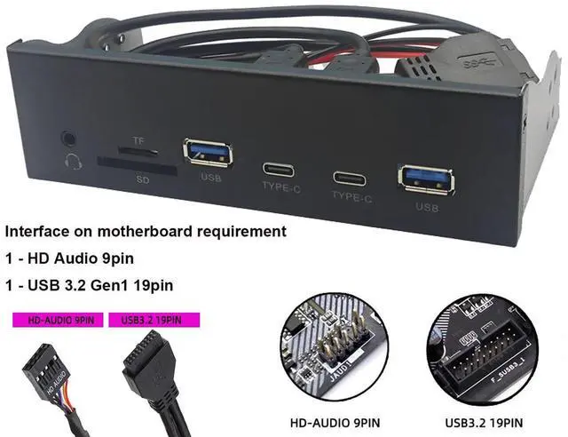 Alt view image 6 of 7 - 5.25" Front Panel USB 3.2 Gen1 5Gbps Hub - 2x Type C & 2 x USB-A ,USB 3.0 SD/Micro SD/TF Internal Card Reader with 4-Pole 3.5mm HD-Audio for Optical Drive Bay