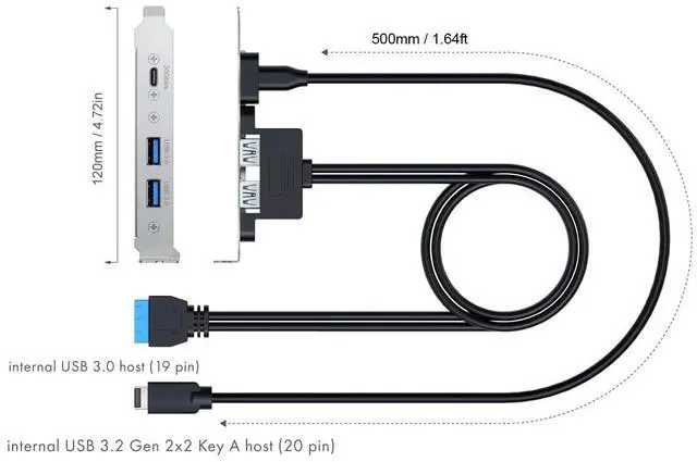 Alt view image 2 of 6 - 20Gbps USB 3.2 USB-C and 2x USB-A 5Gbps Adapter Cable, Internal USB 3.2 Type-E A Key and USB 3.0 19Pin Motherboard Header to Type-C Female Extension Cable with Full-Profile PCIe Bracket Cover,1.64FT