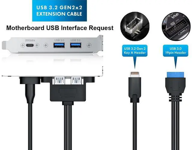 Alt view image 3 of 6 - 20Gbps USB 3.2 USB-C and 2x USB-A 5Gbps Adapter Cable, Internal USB 3.2 Type-E A Key and USB 3.0 19Pin Motherboard Header to Type-C Female Extension Cable with Full-Profile PCIe Bracket Cover,1.64FT