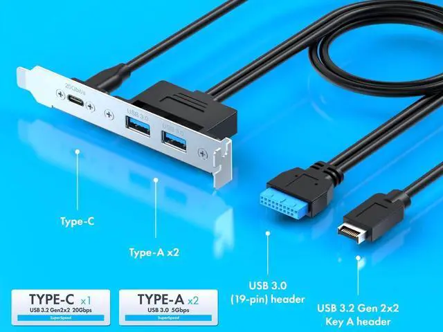 Alt view image 4 of 6 - 20Gbps USB 3.2 USB-C and 2x USB-A 5Gbps Adapter Cable, Internal USB 3.2 Type-E A Key and USB 3.0 19Pin Motherboard Header to Type-C Female Extension Cable with Full-Profile PCIe Bracket Cover,1.64FT