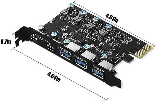 Alt view image 4 of 7 - PCIe to 5 Port USB 3.0 (2X Type-C - 3X USB-A) Expansion Card,PCI Express X1 to USB 3.2 Gen1 5Gbps Hub Add on Card,Support Windows 10/8/7/XP and MAC OS 10.8.2 Above