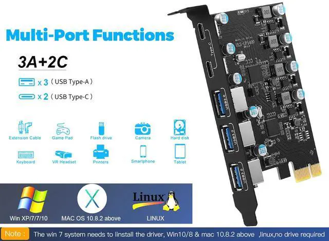 Alt view image 2 of 7 - PCIe to 5 Port USB 3.0 (2X Type-C - 3X USB-A) Expansion Card,PCI Express X1 to USB 3.2 Gen1 5Gbps Hub Add on Card,Support Windows 10/8/7/XP and MAC OS 10.8.2 Above