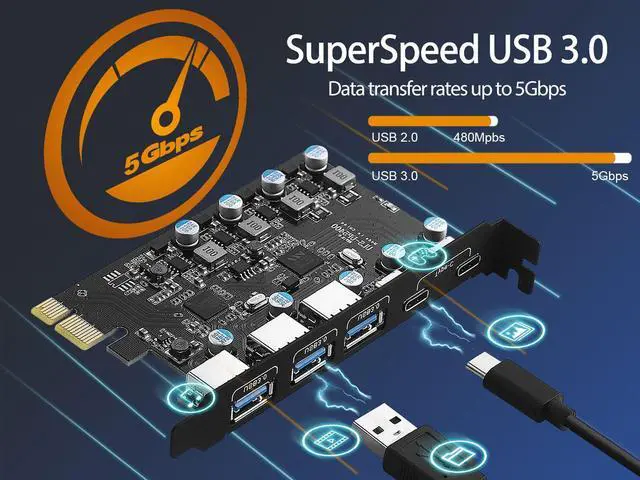 Alt view image 5 of 7 - PCIe to 5 Port USB 3.0 (2X Type-C - 3X USB-A) Expansion Card,PCI Express X1 to USB 3.2 Gen1 5Gbps Hub Add on Card,Support Windows 10/8/7/XP and MAC OS 10.8.2 Above