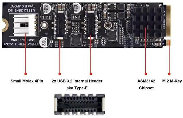 Alt view image 4 of 7 - M.2 M-key NVMe PCIe to 2 Ports 10Gbps USB 3.2 Type-E internal Headers Expansion Card, M.2 Slot to Dual USB 3.1 20Pin Hub Adapter Riser Card for USB-C Front Panel and Rear Panel Cable