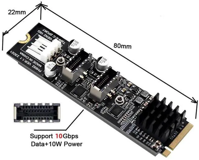 Alt view image 5 of 7 - M.2 M-key NVMe PCIe to 2 Ports 10Gbps USB 3.2 Type-E internal Headers Expansion Card, M.2 Slot to Dual USB 3.1 20Pin Hub Adapter Riser Card for USB-C Front Panel and Rear Panel Cable