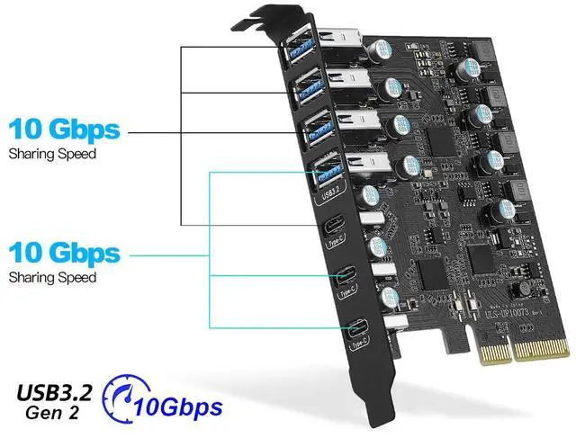 Alt view image 2 of 7 - PCIe 3.0/4.0 to 10Gbps USB 3.2 Gen2 Expansion Card,7-Ports (4 USB Type-A and 3 Type-C Ports) to PCI Express x4 PC USB Hub for Win10/8/7 Linux & MAC OS 10.8.2 above with Full-Profile Slot Cover