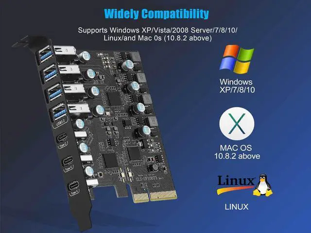 Alt view image 6 of 7 - PCIe 3.0/4.0 to 10Gbps USB 3.2 Gen2 Expansion Card,7-Ports (4 USB Type-A and 3 Type-C Ports) to PCI Express x4 PC USB Hub for Win10/8/7 Linux & MAC OS 10.8.2 above with Full-Profile Slot Cover