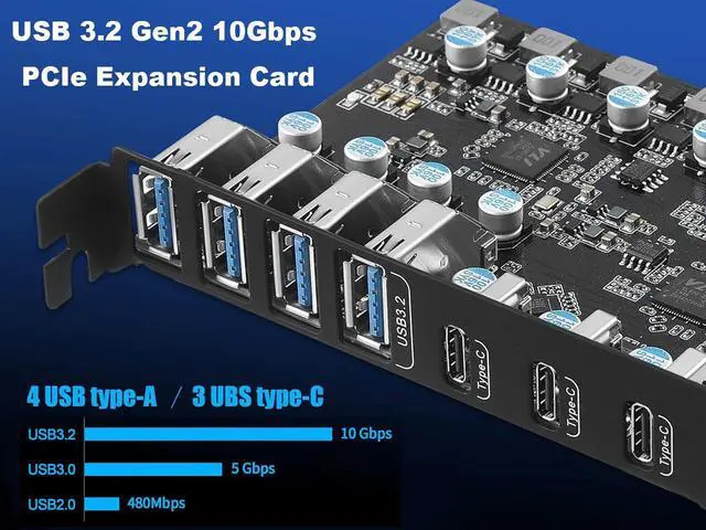 Alt view image 5 of 7 - PCIe 3.0/4.0 to 10Gbps USB 3.2 Gen2 Expansion Card,7-Ports (4 USB Type-A and 3 Type-C Ports) to PCI Express x4 PC USB Hub for Win10/8/7 Linux & MAC OS 10.8.2 above with Full-Profile Slot Cover