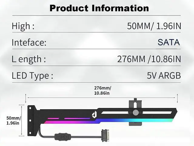 Alt view image 6 of 7 - Graphics Card GPU Brace Support Video Card Sag Holder/Holster Bracket with 5V ARGB Strip,Built in SATA Powered ARGB Automatic Controller ,Length and Height Adjustable, Mounting by 3 PCI,Black