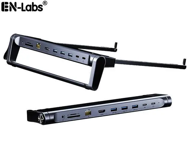 Main image of 9-in-1 Portable Folding Laptop Stand and USB-C Docking Station with 4K HDMI, Gigabit Ethernet,SD/TF Card Reader,3.5mm Audio / Mic ,100W PD and 3x USB 3.0 5Gbps Hub Multiport Adapter