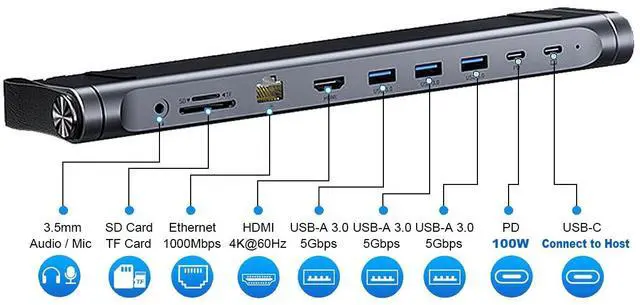 Alt view image 2 of 7 - 9-in-1 Portable Folding Laptop Stand and USB-C Docking Station with 4K HDMI, Gigabit Ethernet,SD/TF Card Reader,3.5mm Audio / Mic ,100W PD and 3x USB 3.0 5Gbps Hub Multiport Adapter